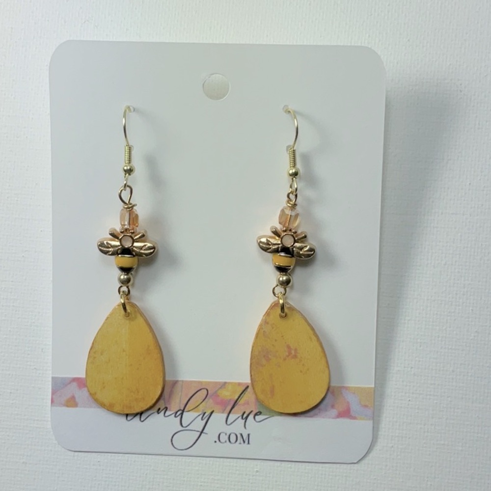 Golden Dangle Teardrop Statement Earrings with Bee Charm - Picture 2 of 9
